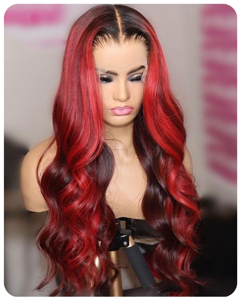Red Highlight dark roots wig HD Lace 13X4