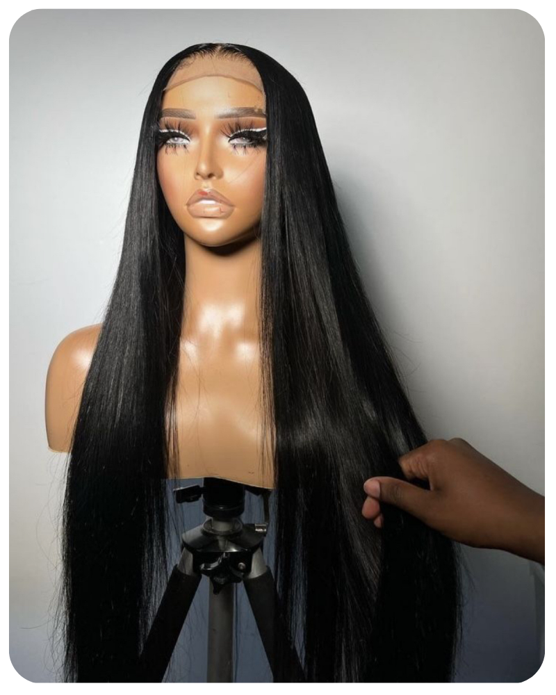 Long black silky hot straight h.d lace wig