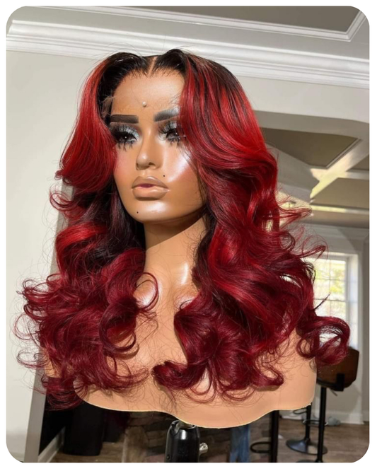 Red Highlight dark roots wig HD Lace 13X4